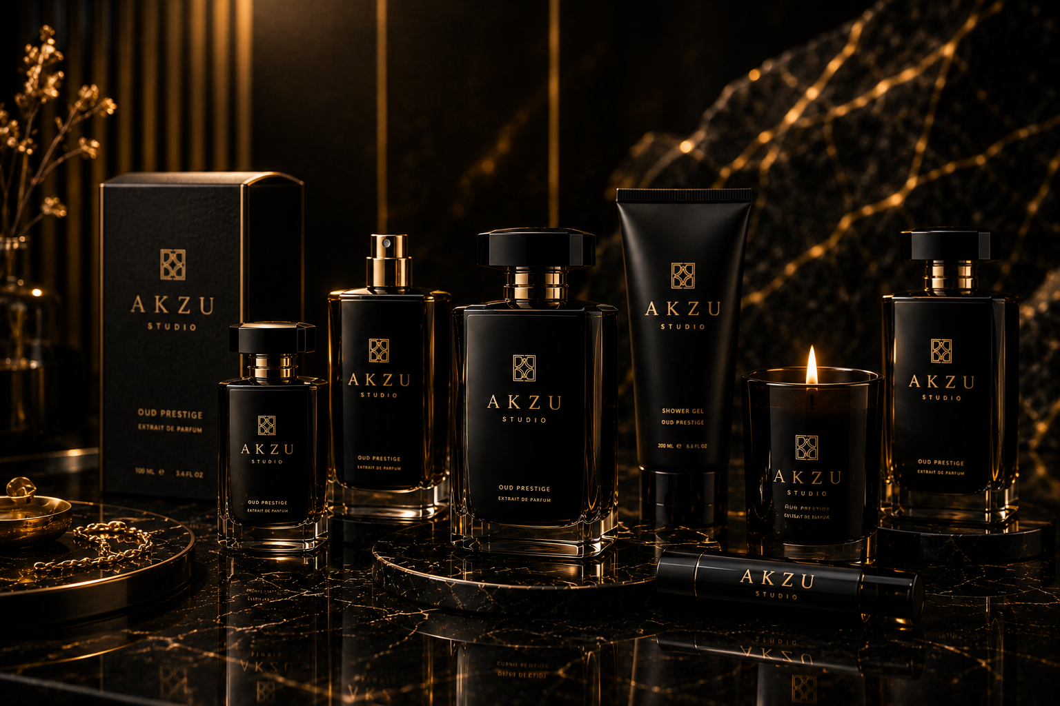 Luxury Perfume Campaign - Multiple product collection scene